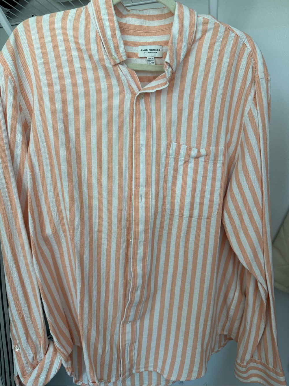 Club Monaco Men's Peach and White Vertical Stripe Button-Down Shirt